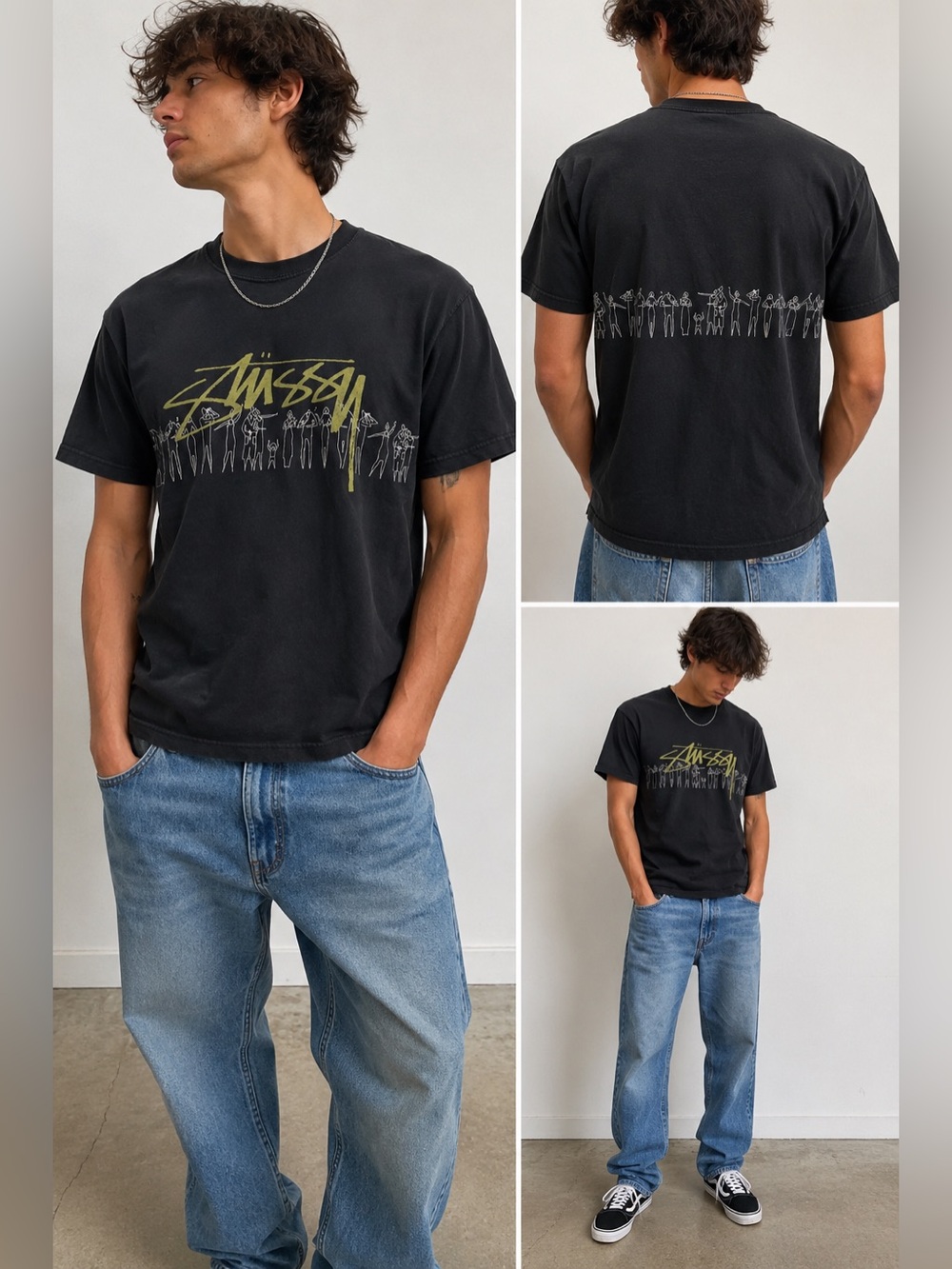 Stüssy Black Graphic T-Shirt Men’s Small Front & Back Logo Streetwear Tee